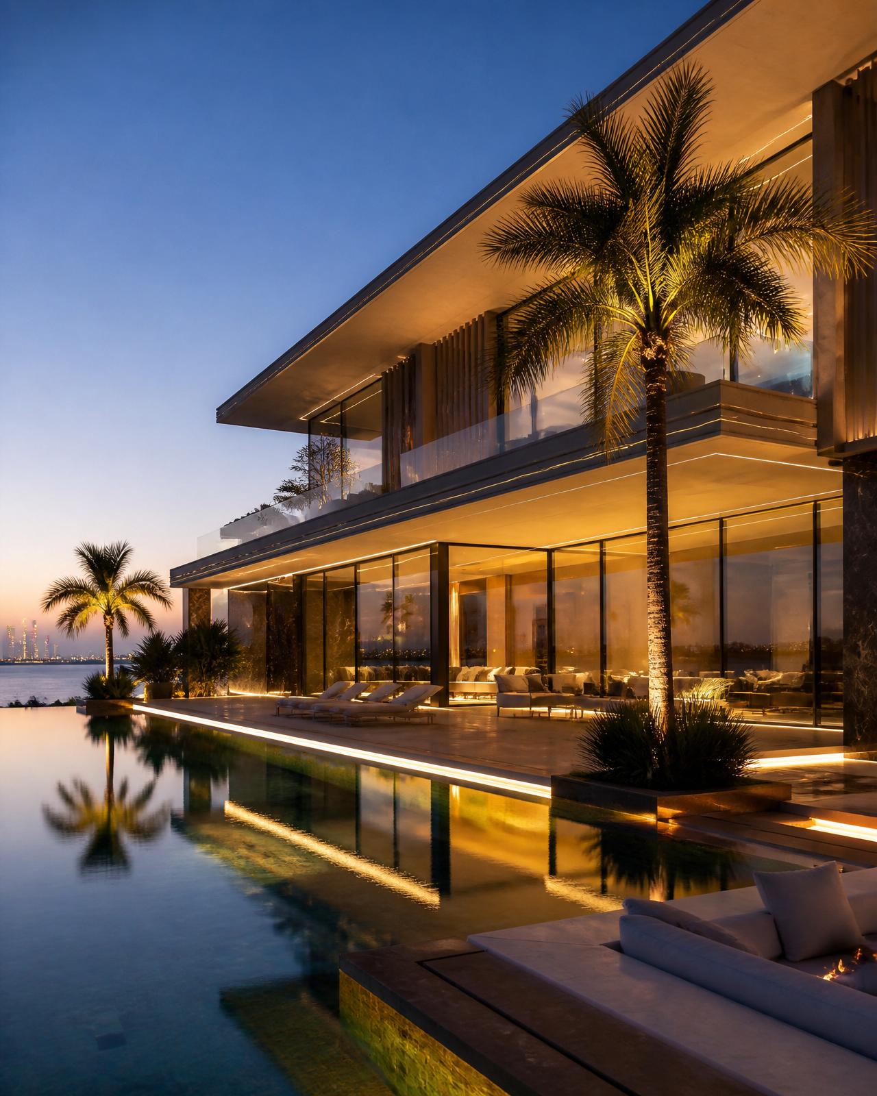 Luxury Dubai villa exterior at twilight with illuminated facade