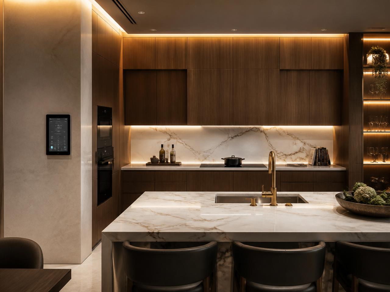 Smart kitchen with brass fixtures and ambient lighting