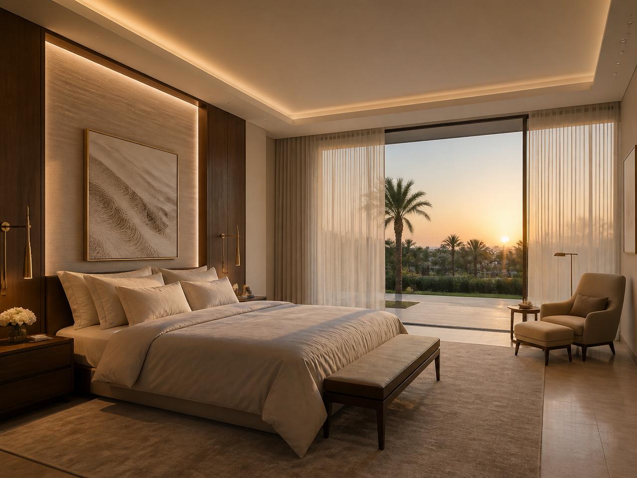 Master bedroom with automated curtains and Dubai sunrise view