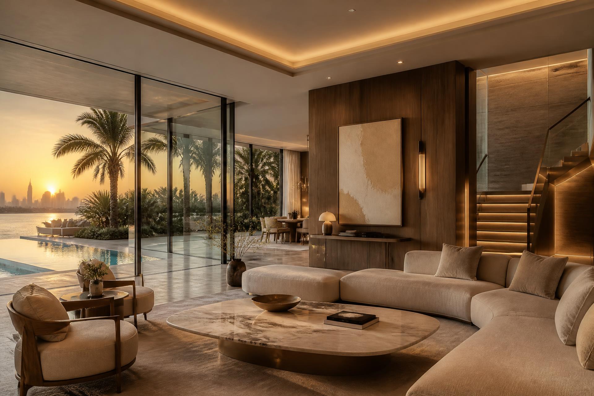 Luxury Dubai villa interior at dusk with smart lighting and Burj Khalifa view